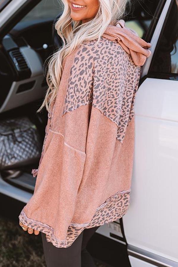 Leopard Print Stitching Loose Hooded Sweatshirt