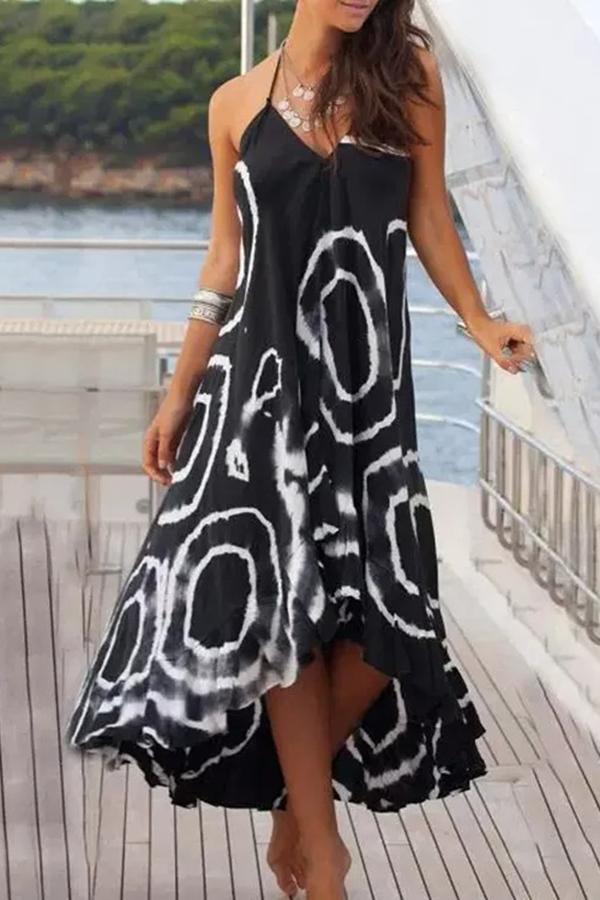 Black Tie-dye Sling Loose Midi Dress