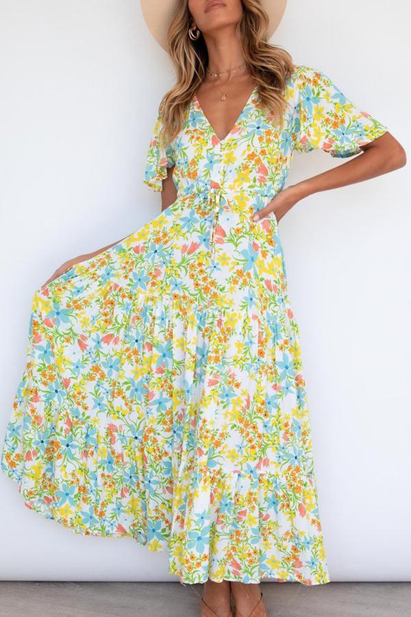 Yellow Floral Beach Casual Midi Dress