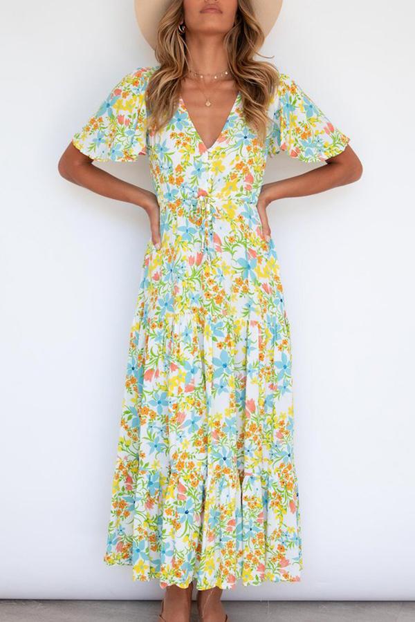 Yellow Floral Beach Casual Midi Dress