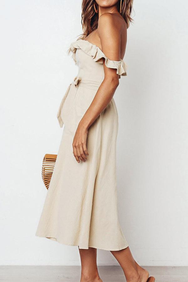 Off-shoulder Ruffles Simple Midi Dress