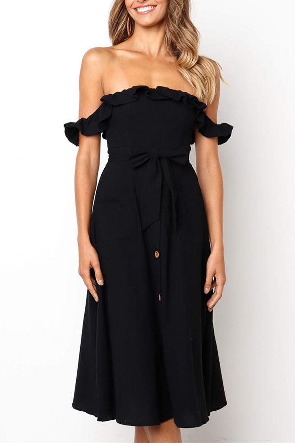 Off-shoulder Ruffles Simple Midi Dress