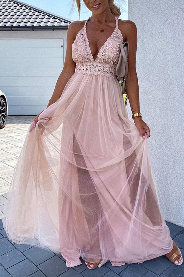 Mesh Deep V Open Back Extra Long Evening Gown