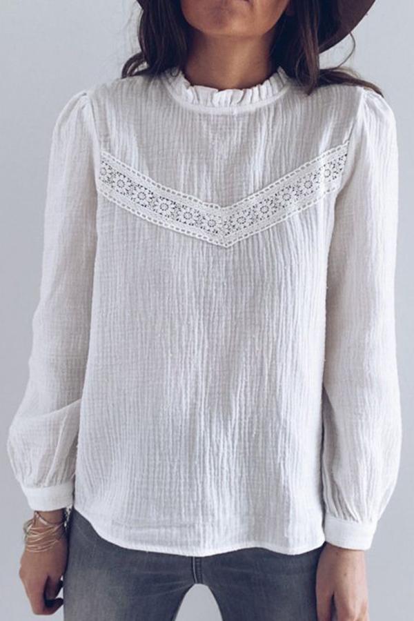 Solid Color Ruffled Lace Stitching Blouse