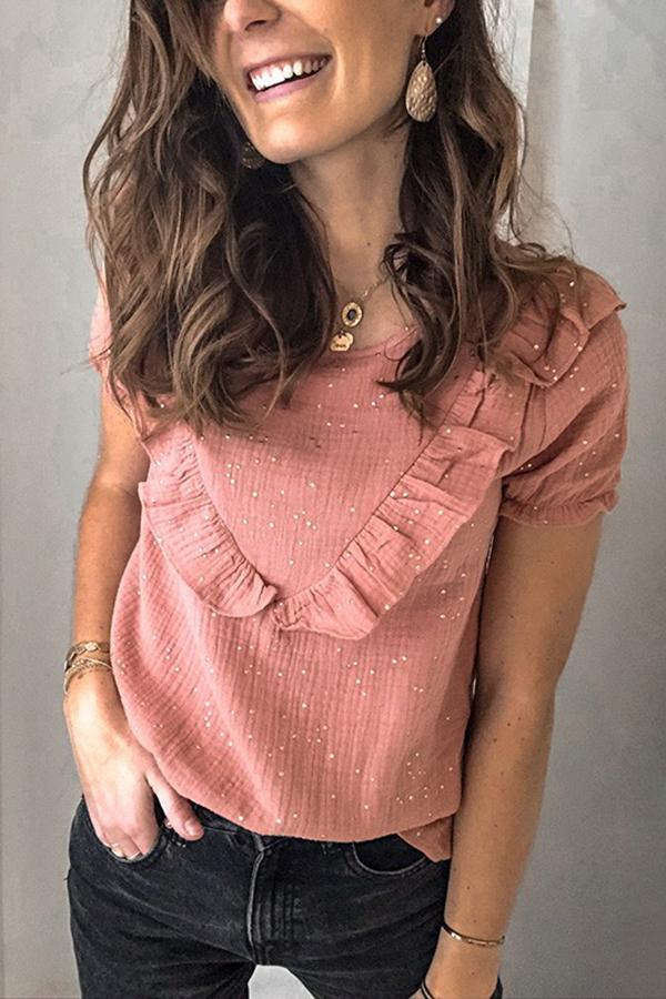 Ruffled Solid Color Round Neck Short-sleeved T-shirt