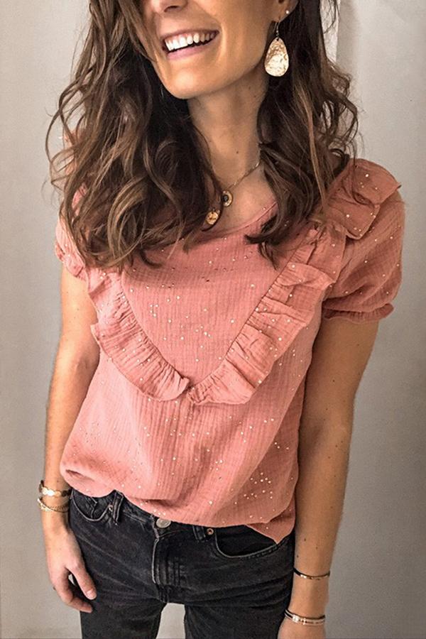 Ruffled Solid Color Round Neck Short-sleeved T-shirt