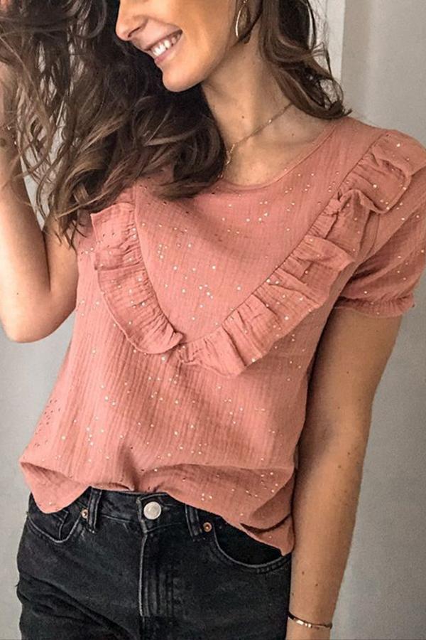 Ruffled Solid Color Round Neck Short-sleeved T-shirt