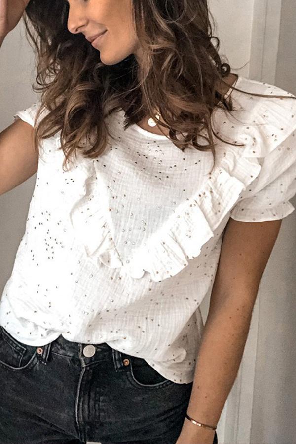 Ruffled Solid Color Round Neck Short-sleeved T-shirt