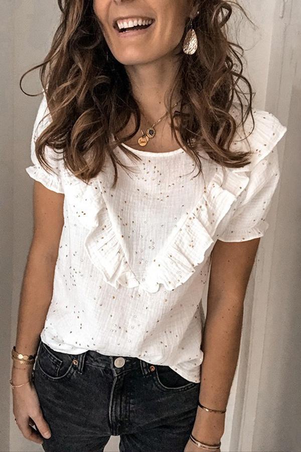 Ruffled Solid Color Round Neck Short-sleeved T-shirt