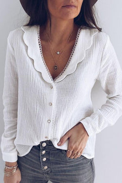 V-neck Lace White Commuter Blouse