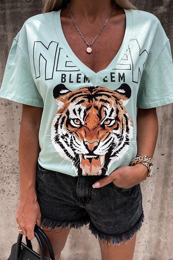 V-neck Tiger Print Casual T-shirt