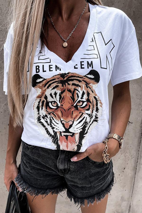 V-neck Tiger Print Casual T-shirt