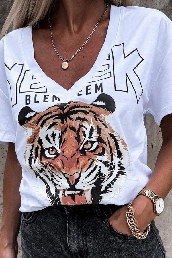 V-neck Tiger Print Casual T-shirt