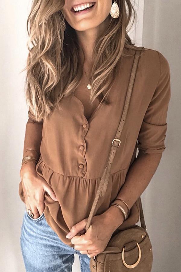 V-neck Solid Color Three-quarter Sleeve Top