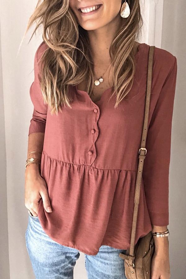 V-neck Solid Color Three-quarter Sleeve Top