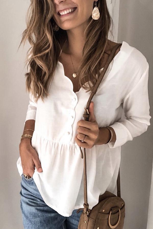 V-neck Solid Color Three-quarter Sleeve Top