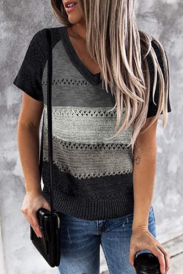 Loose Color Matching Hollow Large Size Knitted T-shirt