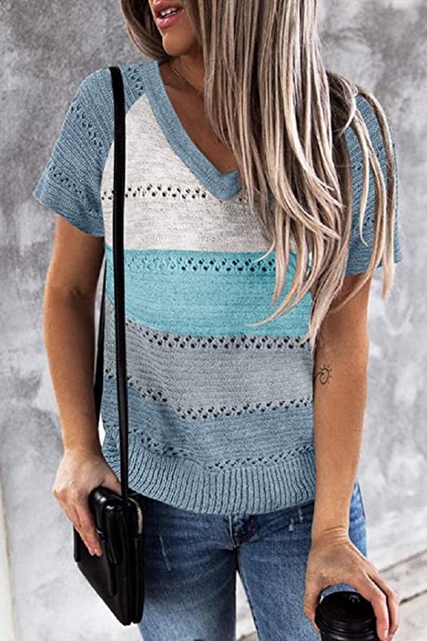 Loose Color Matching Hollow Large Size Knitted T-shirt