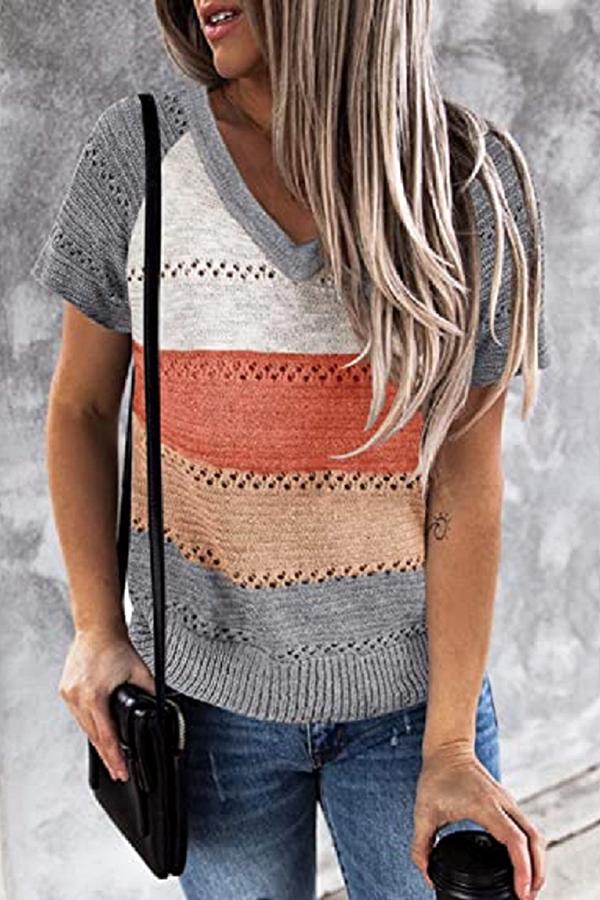 Loose Color Matching Hollow Large Size Knitted T-shirt