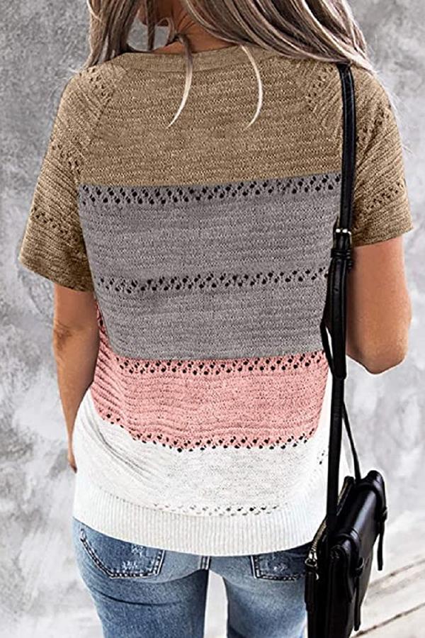 Loose Color Matching Hollow Large Size Knitted T-shirt