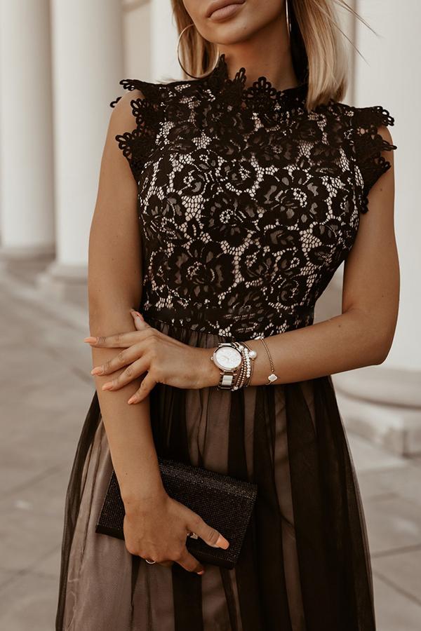 Lace Mesh Stitching Sleeveless Midi Dress