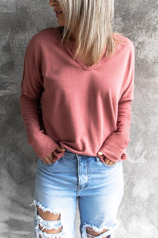 Solid Color V-neck Long-sleeved Bottoming T-shirt