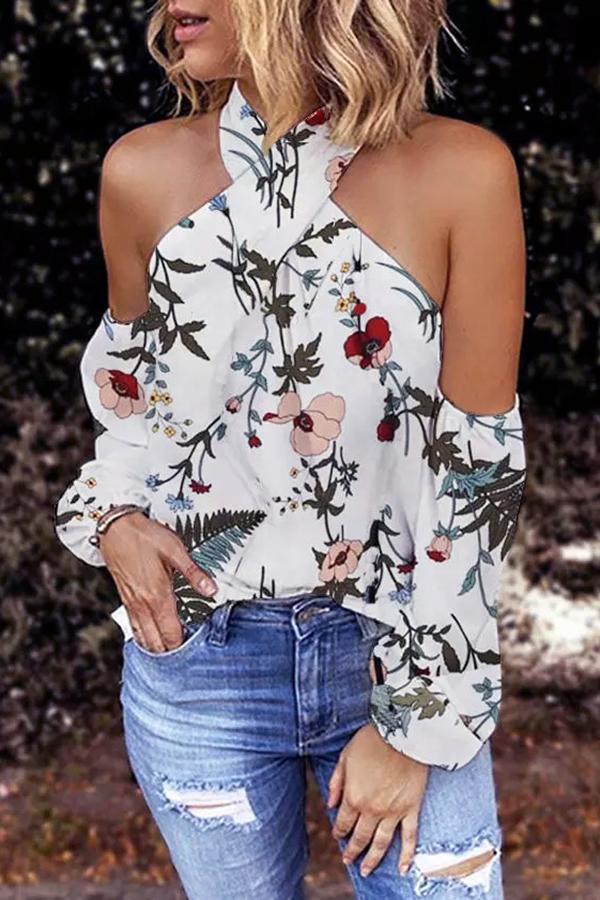 Patterned Off-shoulder Long-sleeved Top