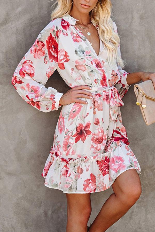 Button Lace Print Ruffled Midi Dress