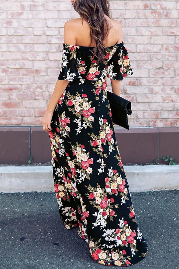 Strapless Elastic Waist Ruffle Sleeve Maxi Dress