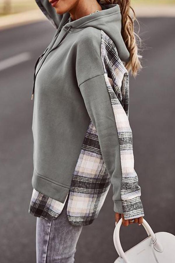 Trendy Plaid Patchwork Hooded Sweatshirt