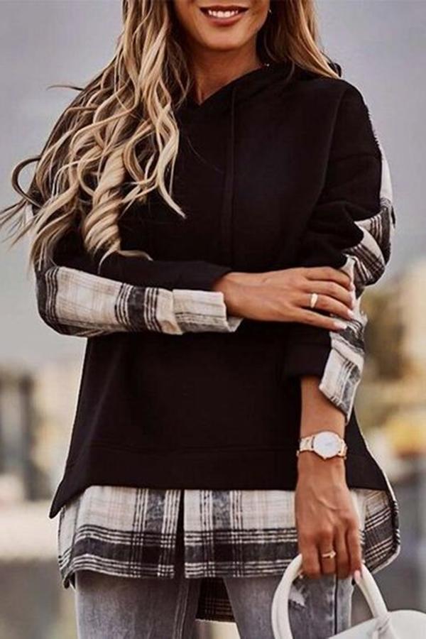 Trendy Plaid Patchwork Hooded Sweatshirt