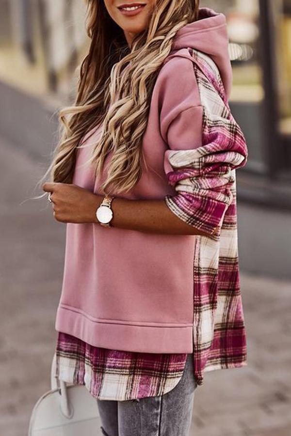 Trendy Plaid Patchwork Hooded Sweatshirt