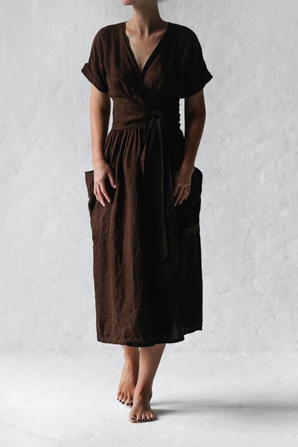 Short-sleeved V-neck Solid Color Loose Linen Dress