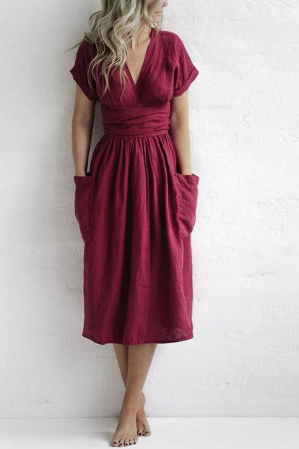 Short-sleeved V-neck Solid Color Loose Linen Dress