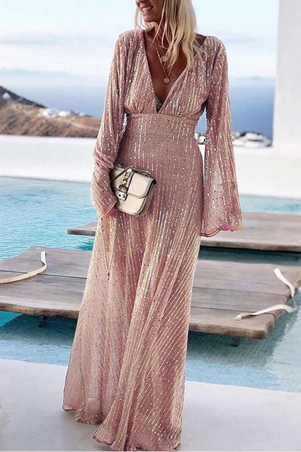 Long Sleeve V-neck Sequin Maxi Dress