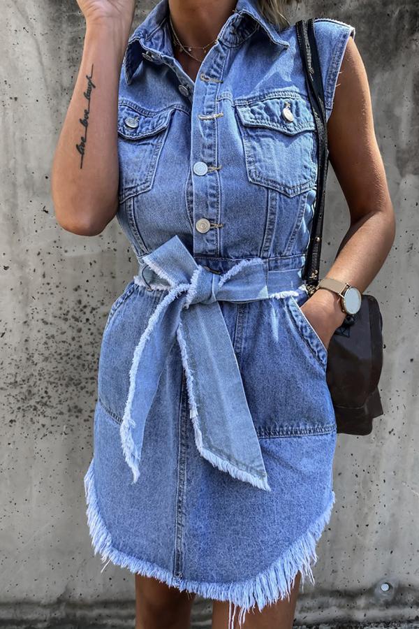 Sleeveless Belted Denim Mini Dress