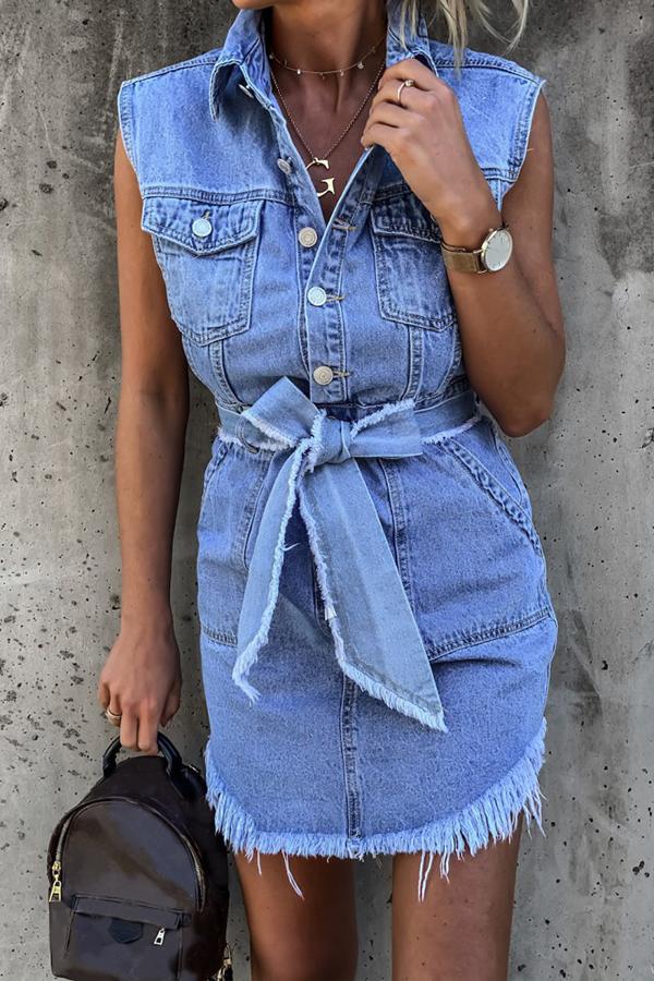 Sleeveless Belted Denim Mini Dress