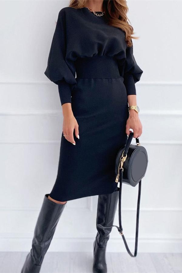 Lantern Sleeve Solid Color Midi Dress