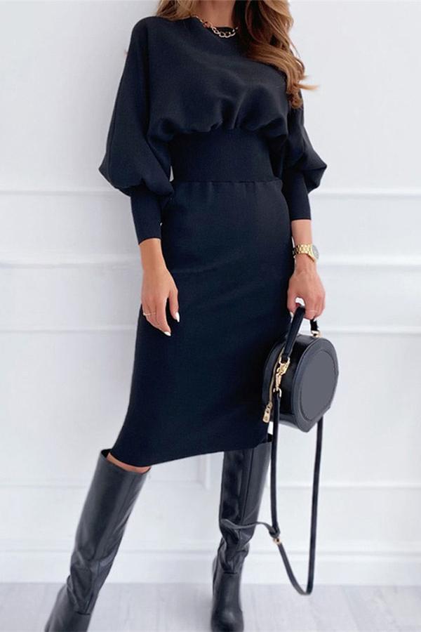 Lantern Sleeve Solid Color Midi Dress