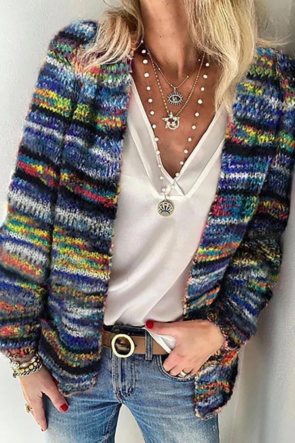 Casual Print Color Block Cardigan