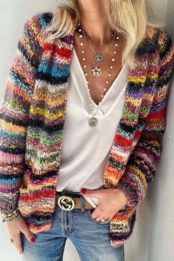 Casual Print Color Block Cardigan