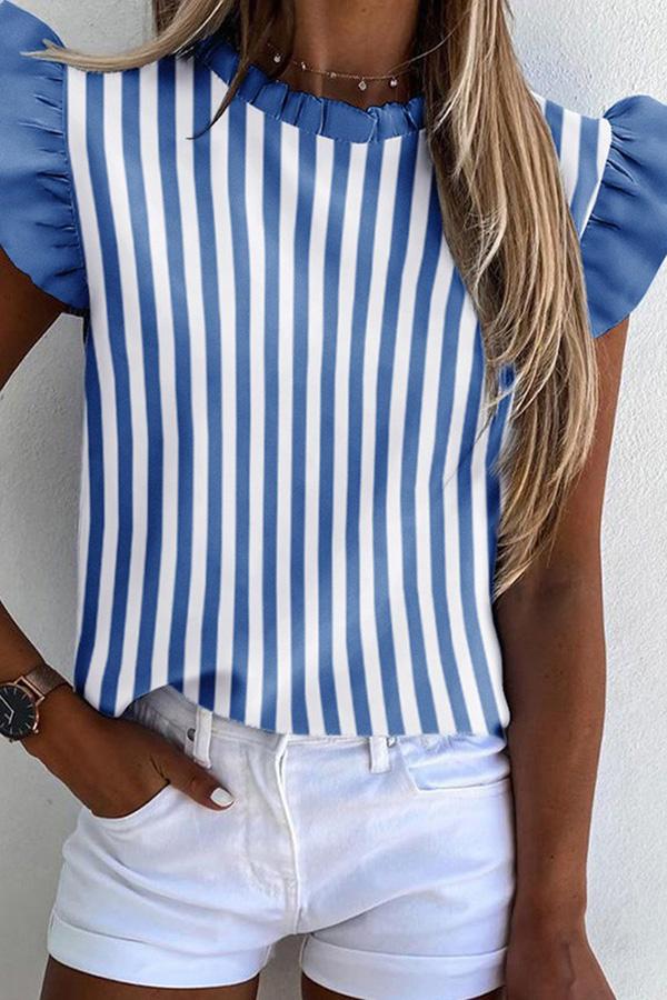 Blue Striped Ruffles Short-sleeved T-shirt