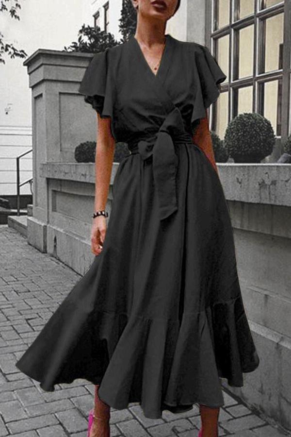 Ruffles V Neck Belted Maxi Dress