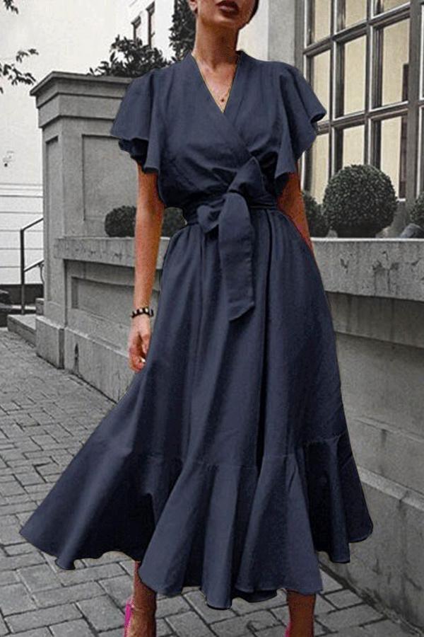 Ruffles V Neck Belted Maxi Dress