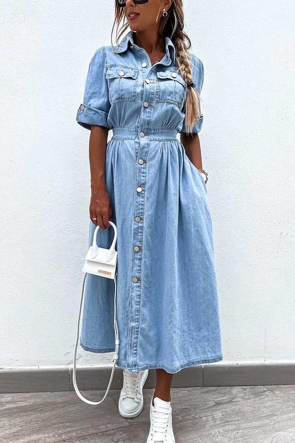 Light Blue Short-sleeved Denim Dress