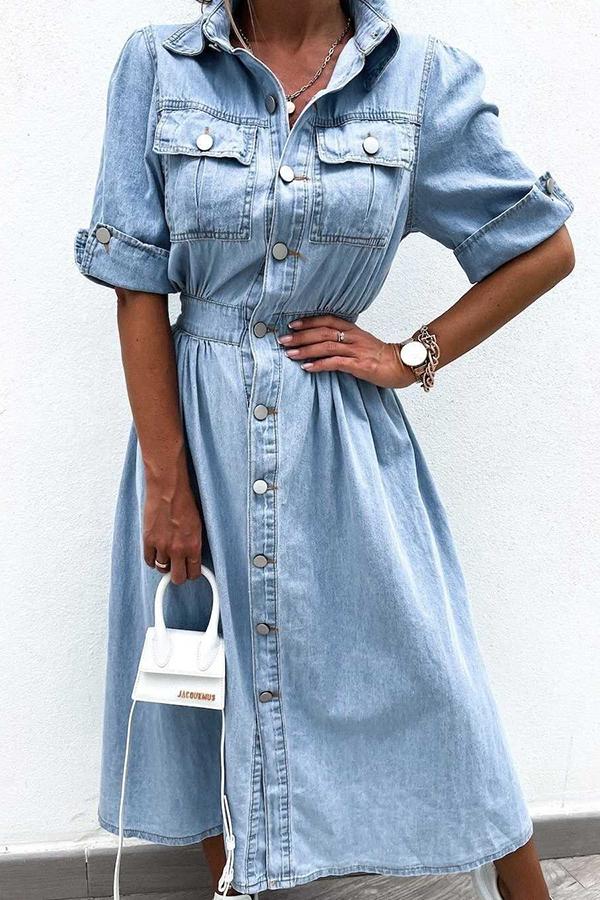 Light Blue Short-sleeved Denim Dress