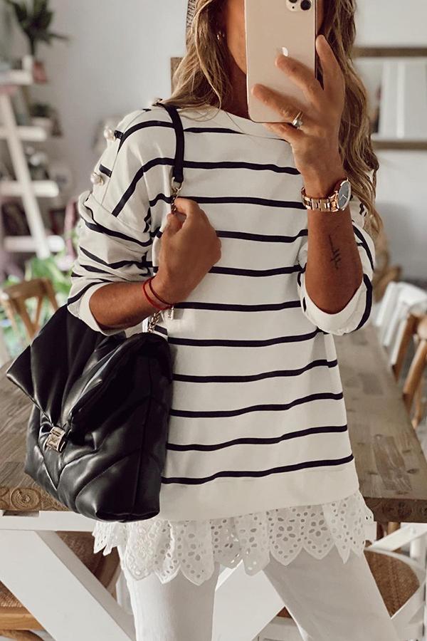 Striped Lace Trim Long Sleeve T-Shirt