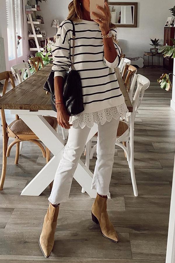 Striped Lace Trim Long Sleeve T-Shirt