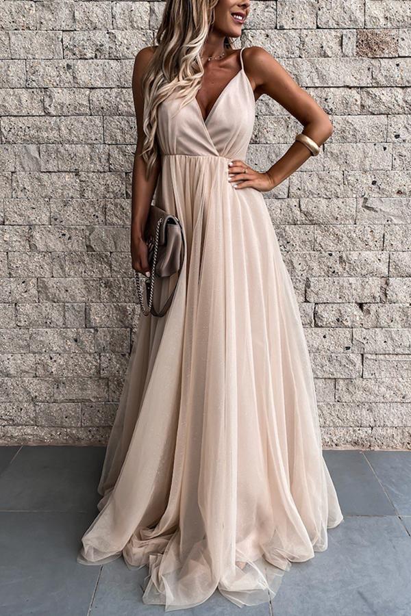 V-neck Open Back Mesh Maxi Evening Dress