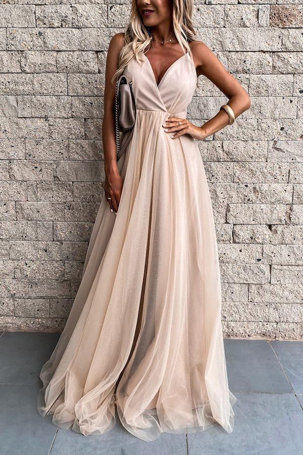 V-neck Open Back Mesh Maxi Evening Dress